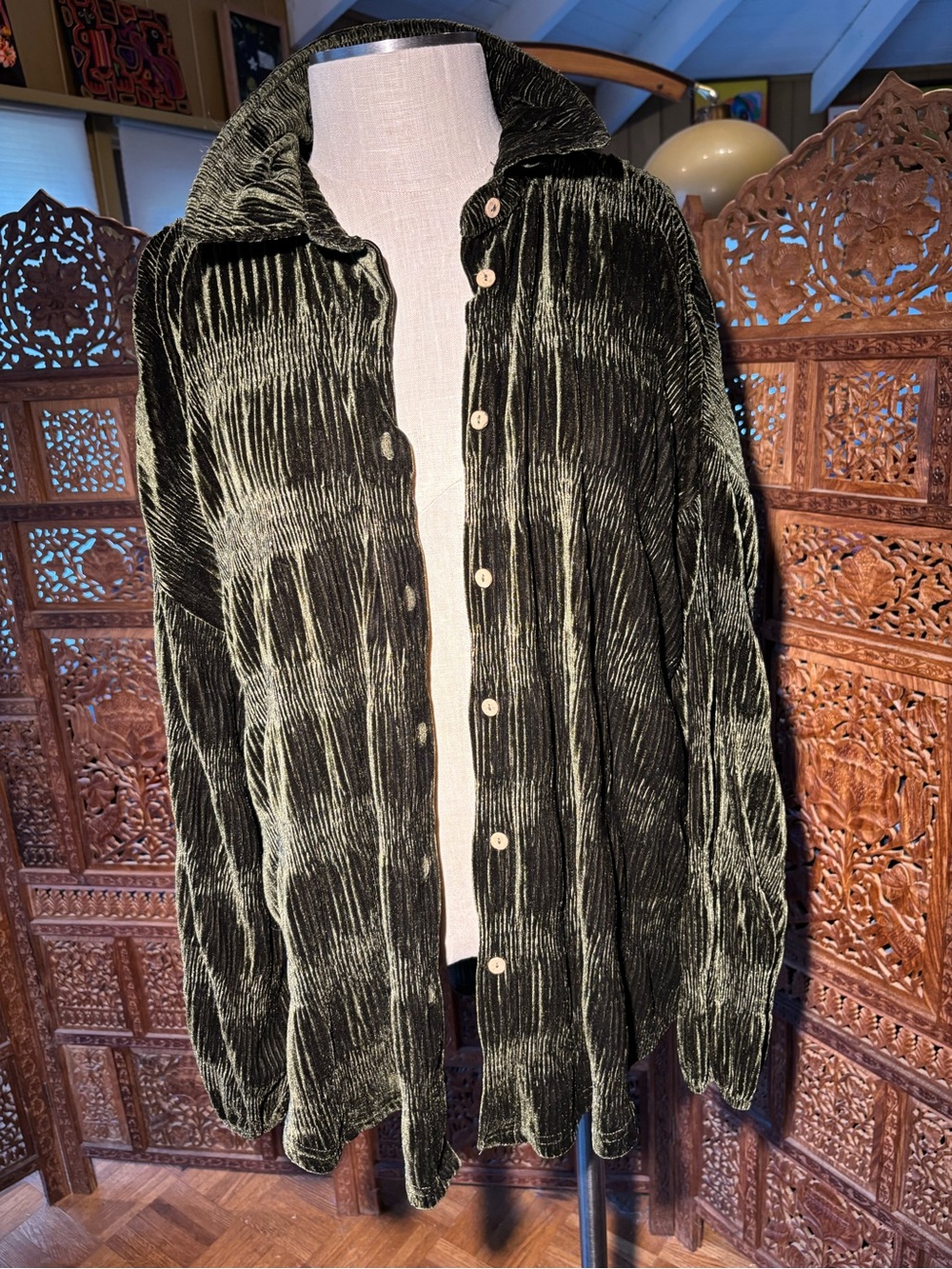 Umgee Olive Green Crushed Velvet Top with Patterned Trim